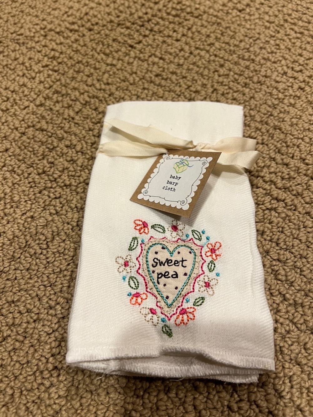 Natural Life girl Sweet Pea Embroidered White Baby Burp Cloth